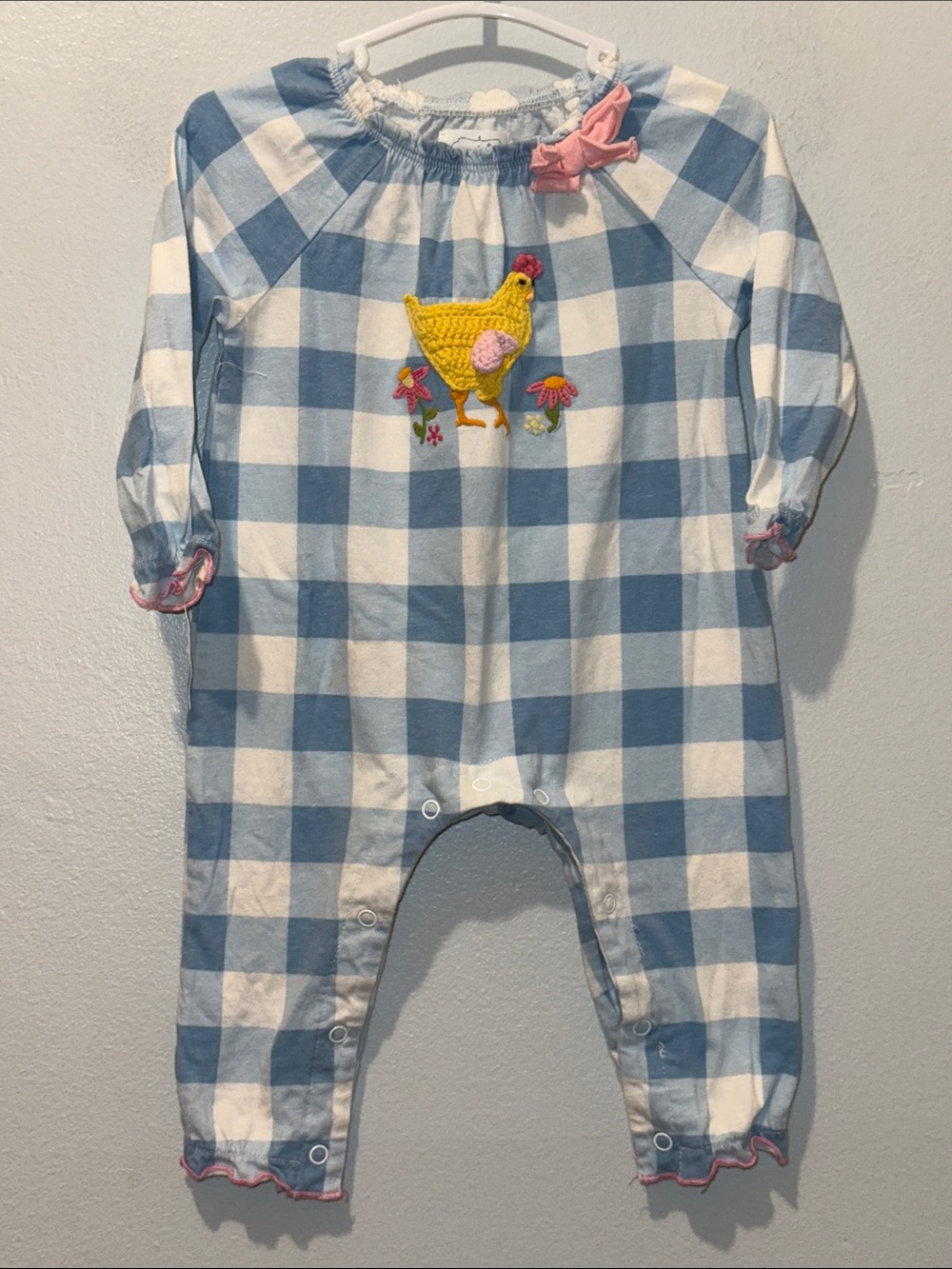 Mud Pie 3 - 6 Months Blue and White Gingham Infant Romper with Yellow Chicken